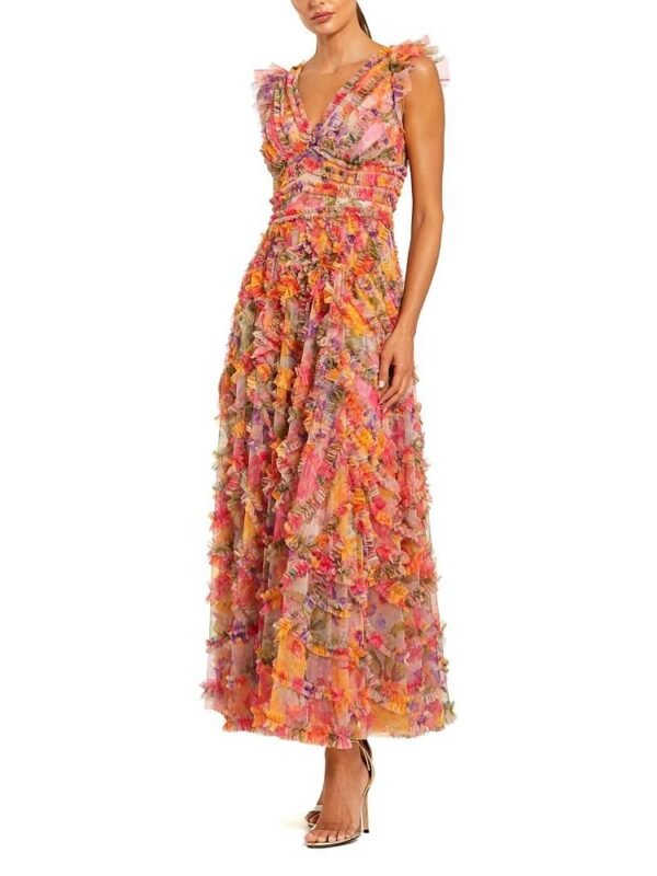 Mac Duggal Petite Multicolor Floral V-Neck Ruffle Maxi Dress