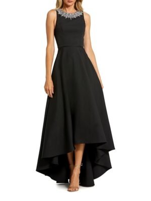 Mac Duggal Petite Crepe Embellished Neck High Low Gown