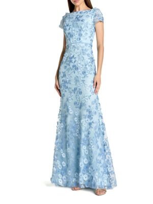 Mac Duggal Petite Blue Floral Applique Boat Neck Cap Sleeve Gown