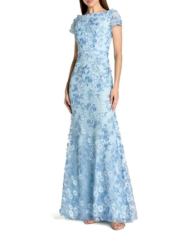 Mac Duggal Petite Blue Floral Applique Boat Neck Cap Sleeve Gown