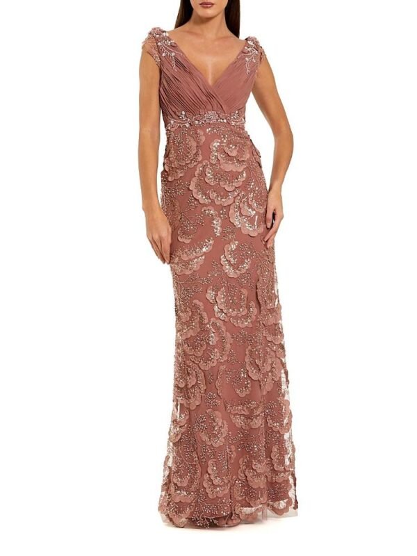 Mac Duggal Petite Floral Beaded Chiffon V-Neck Evening Gown