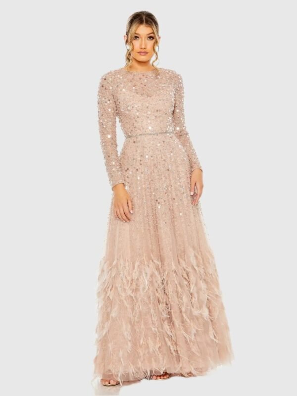 Pink Disc Embellished Sequin Gown with Feather Detail