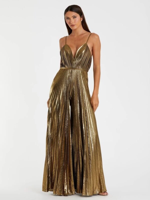Gold Metallic Pleated V-Neck Jumpsuit