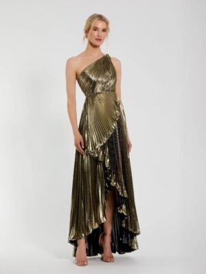 Gold Metallic Pleated One Shoulder Gown
