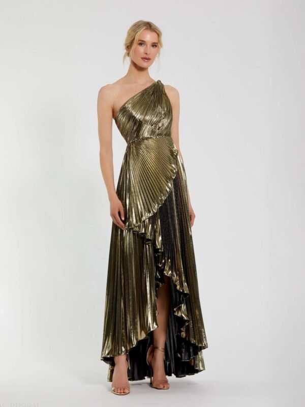 Gold Metallic Pleated One Shoulder Gown