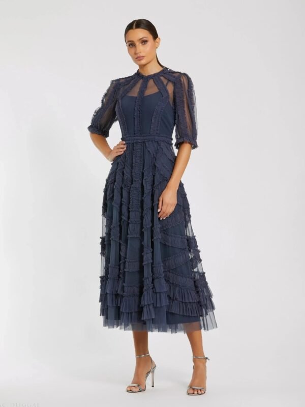 Navy High Neck Ruffle Tiered A-Line Midi Dress