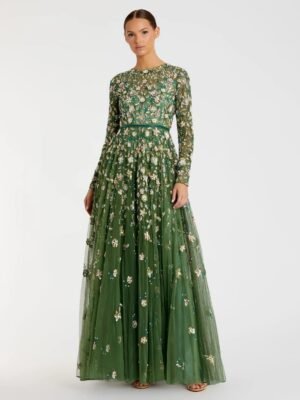 Green Embellished High Neck Long Sleeve A Line Gown