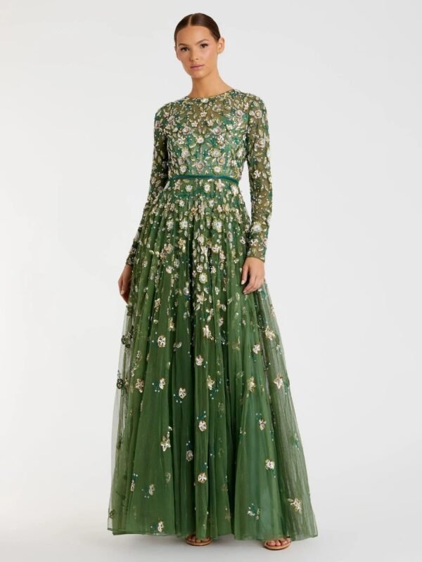 Green Embellished High Neck Long Sleeve A Line Gown