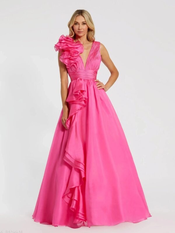 Pink Ruffle Shoulder V-Neck Chiffon Gown