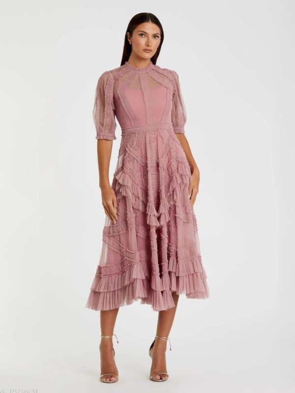 Pink High Neck Ruffle Tiered A-Line Midi Dress