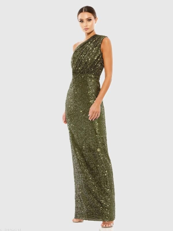 Dark Green Sequined Ruched One Shoulder Gown