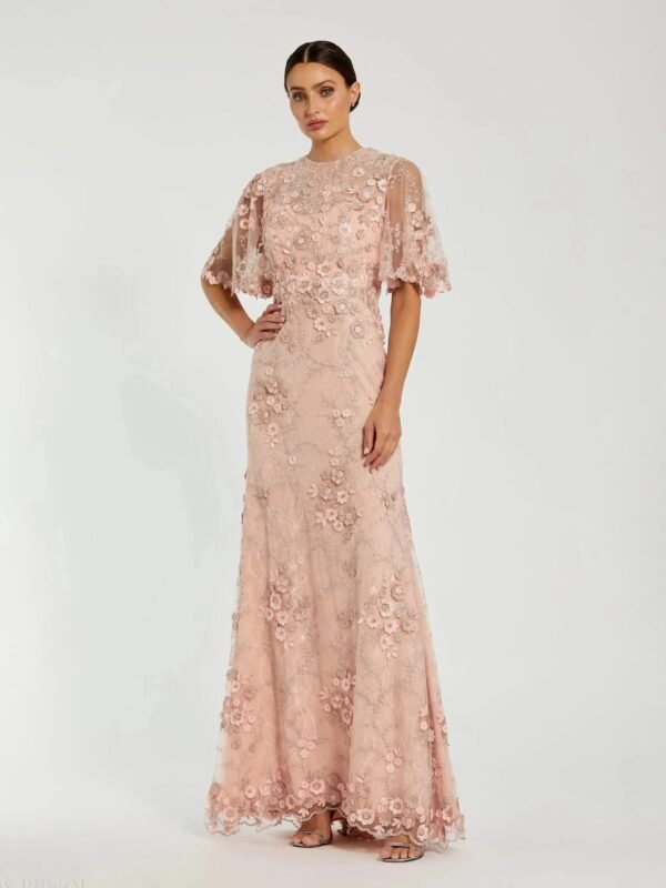 Pink Flutter Sleeve Floral Embroidered Net Gown