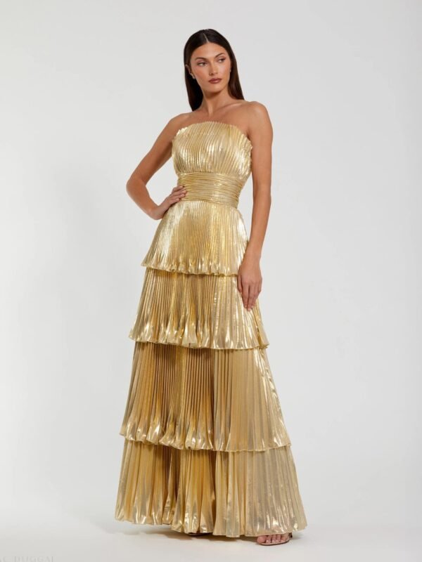 Gold Strapless Pleated Metallic Layered Ruffle Gown