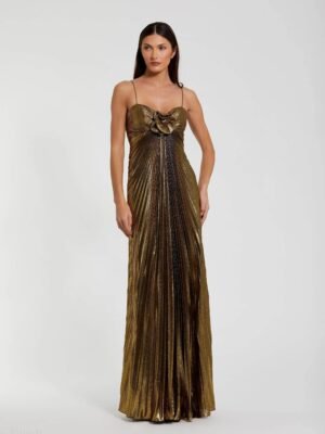 Gold Metallic Pleated Gown with 3D Flower