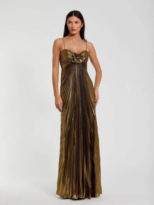Gold Metallic Pleated Gown with 3D Flower