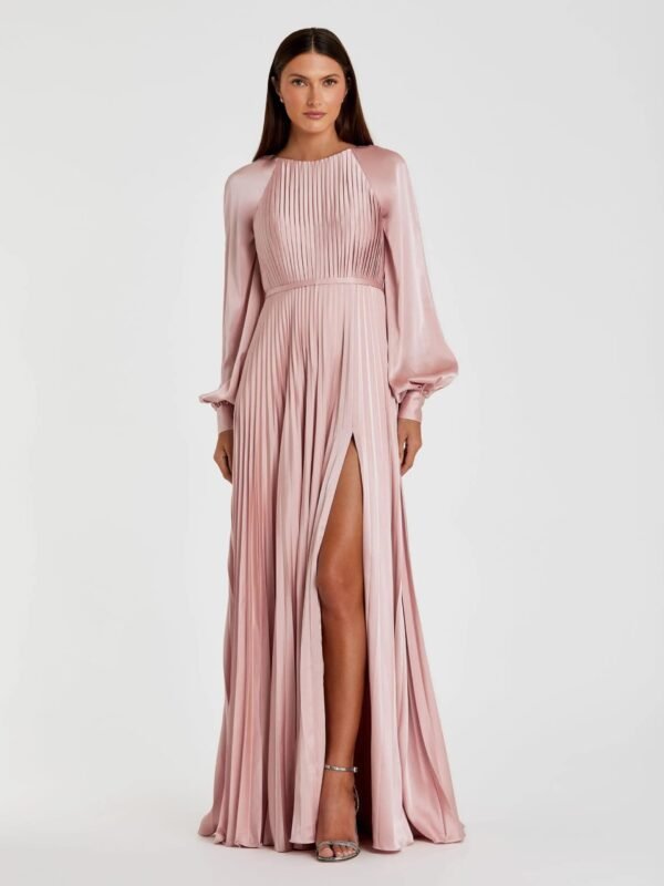 Pink Pleated High Neck Raglan Long Sleeve Side Slit Gown
