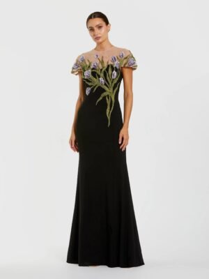 Black High Neck Floral Embroidered Jersey Gown