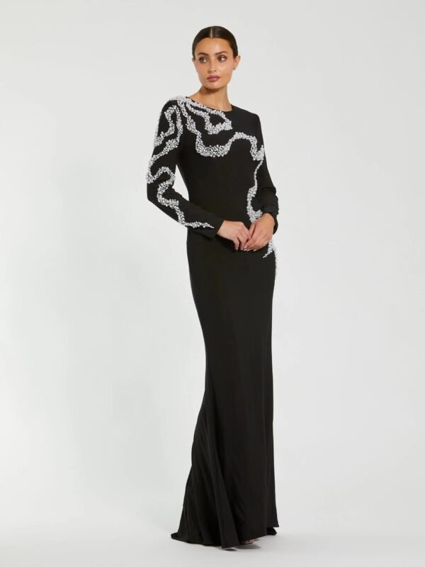 Black Jersey Evening Gown With Beaded Swirl Detail