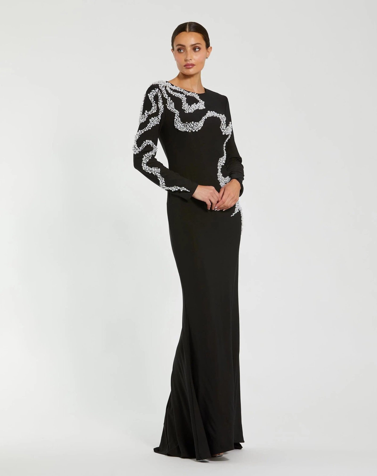 Black Jersey Evening Gown With Beaded Swirl Detail