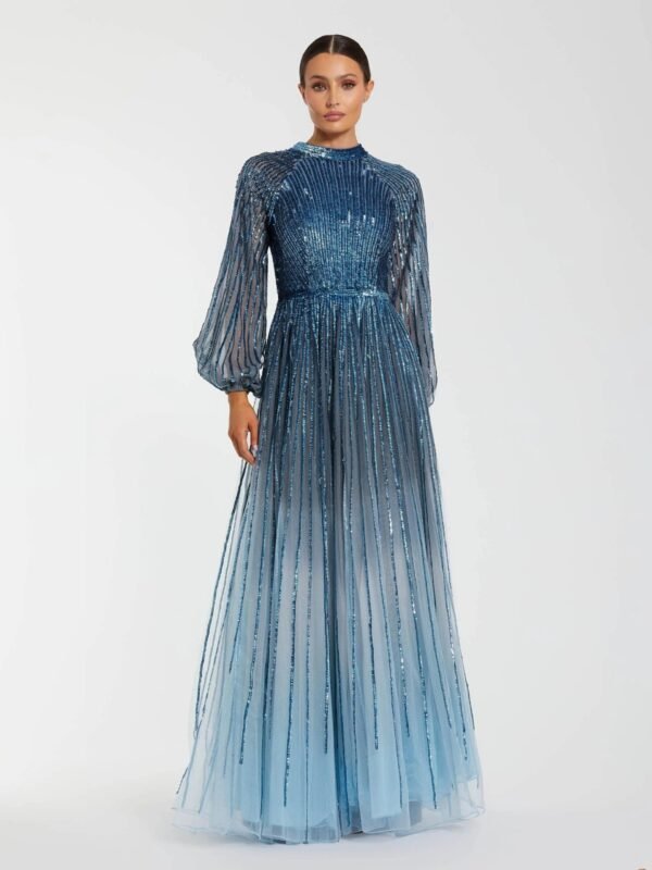 Blue Ombr Sequin Long Sleeve A-Line Gown
