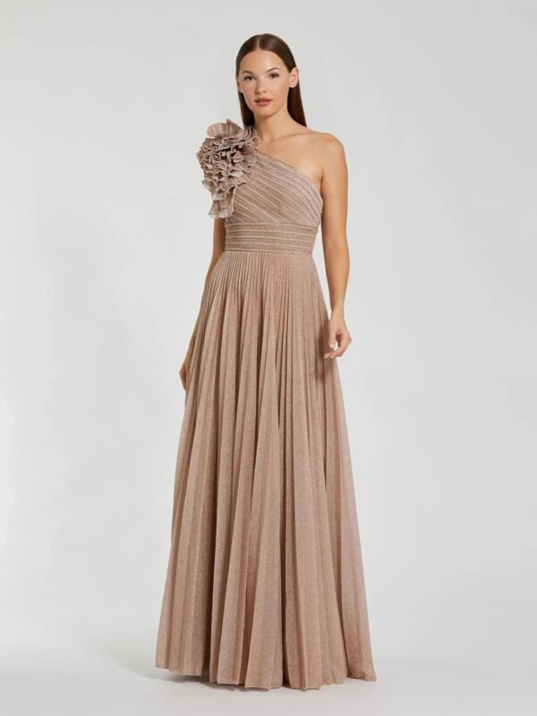 Petite Pink Pleated One Shoulder Ruffle Gown