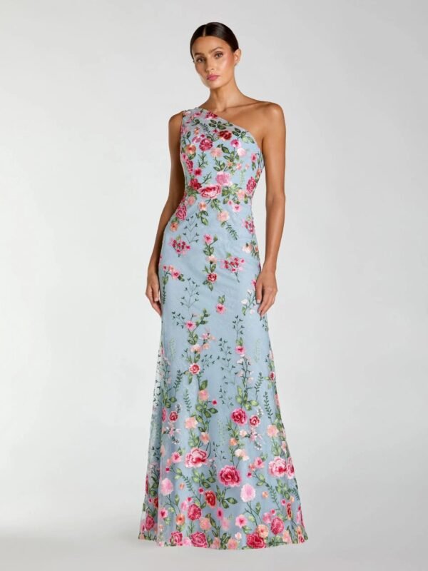 Blue One Shoulder Floral Embroidered Gown