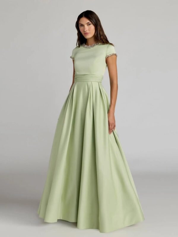 Green Embellished Satin Cap Sleeve Ball Gown