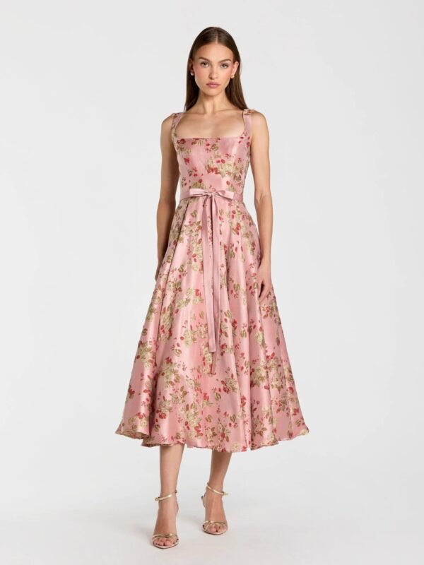 Pink Sleeveless Brocade A Line Midi Dress