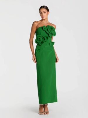 Petite Green Strapless Crepe Dress With 3D Flower Detail
