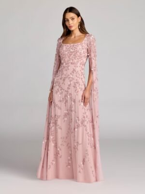 Pink Floral Embellished Cape Sleeve Gown