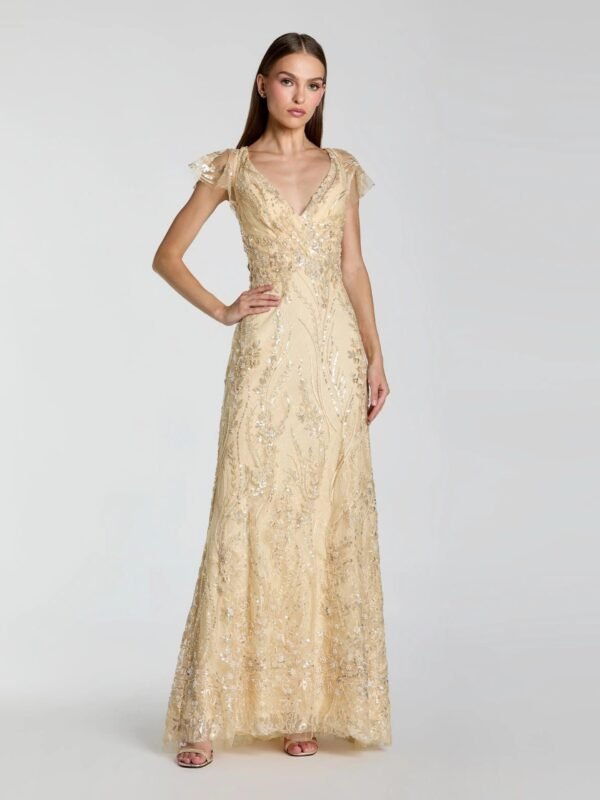 Gold V Neck Flutter Sleeve Embroidered Lace Gown