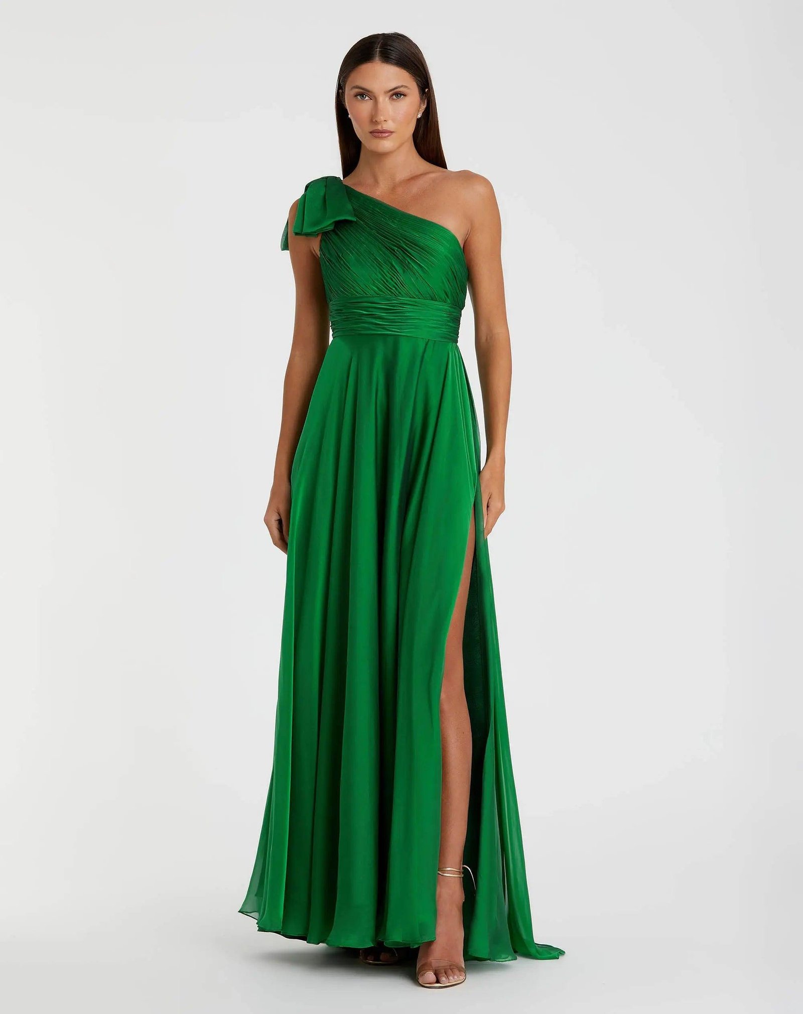 Petite Green Sleeveless One Shoulder Pleated Gown