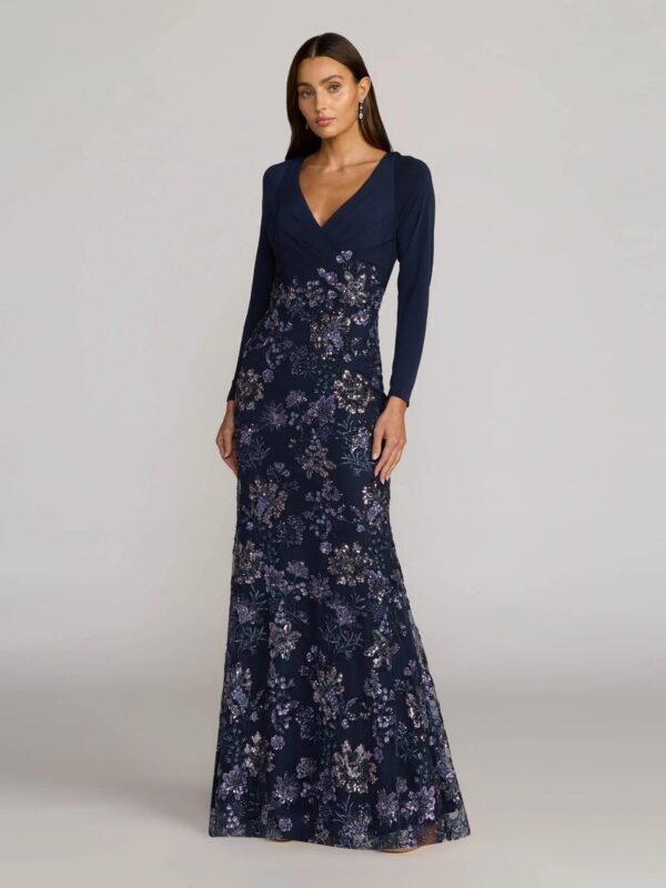Navy Floral Embroidered Jersey Long Sleeve Gown