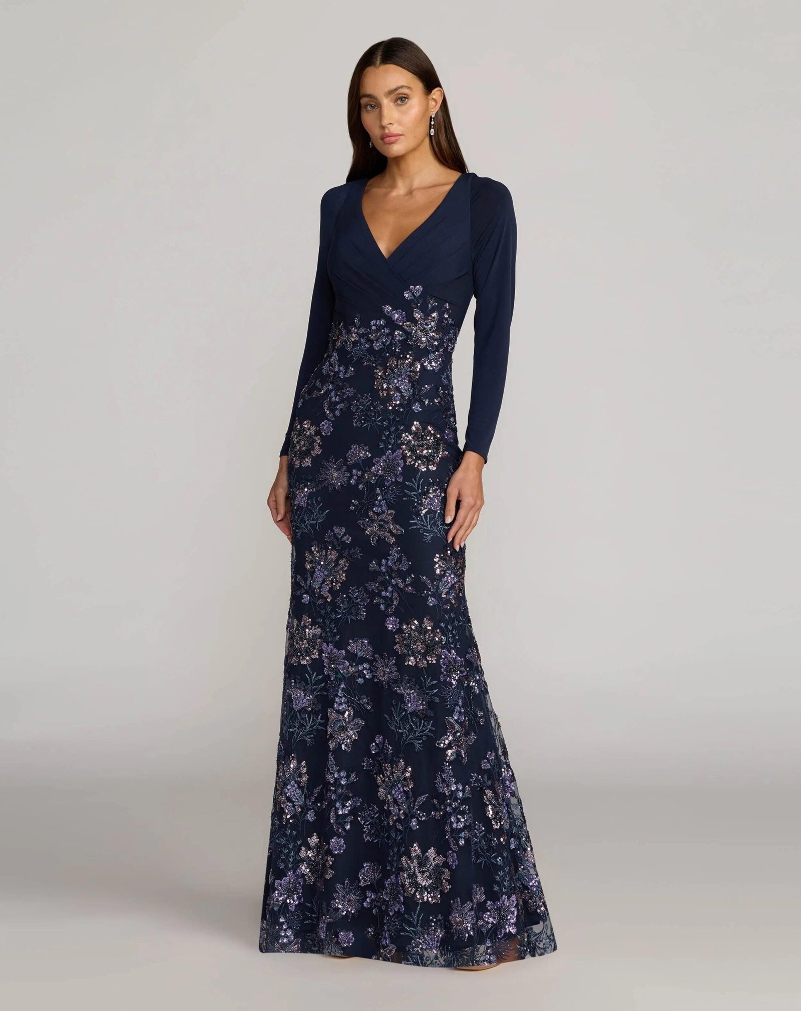 Navy Floral Embroidered Jersey Long Sleeve Gown