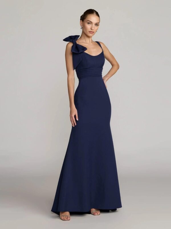 Navy Scoop Neck Trumpet Gown with Bow
