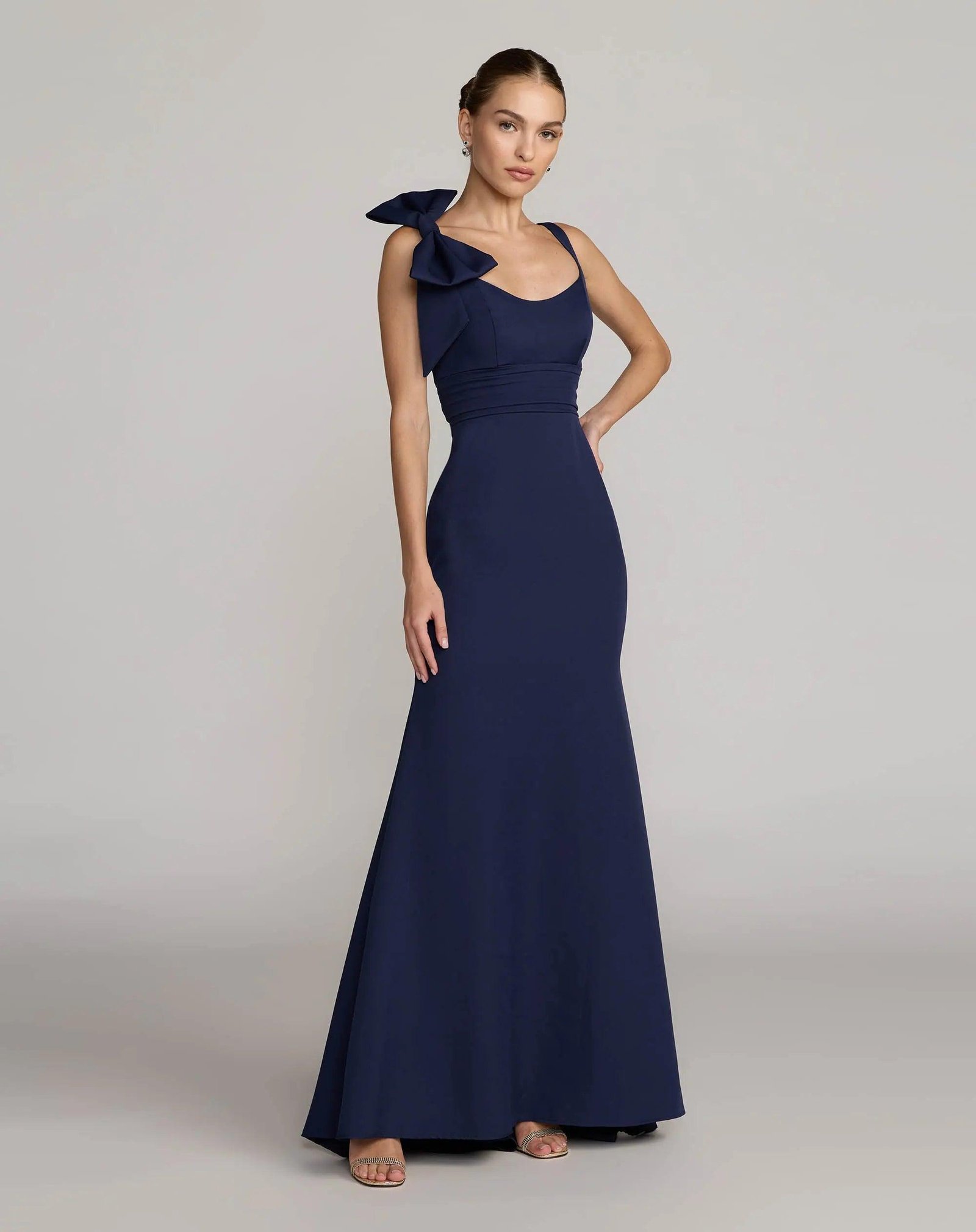 Navy Scoop Neck Trumpet Gown with Bow