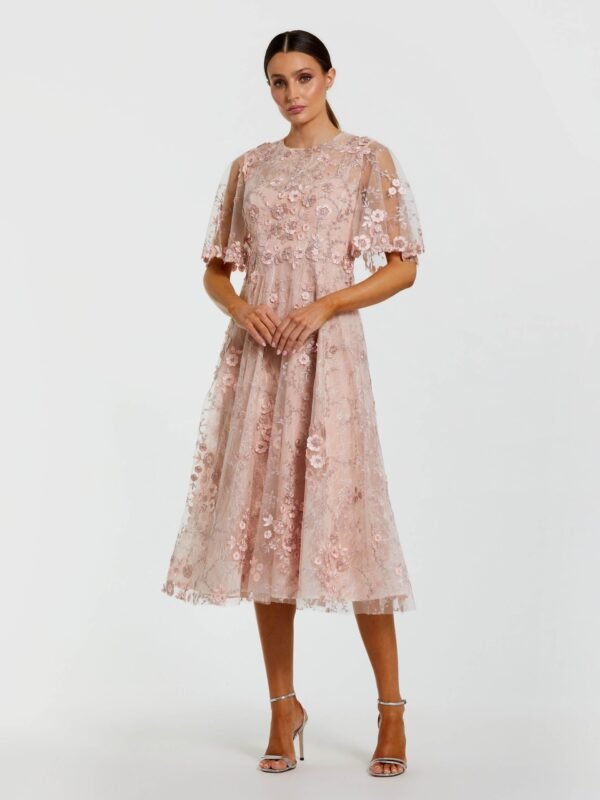 Petite Pink Flutter Sleeve Embroidered Midi Dress