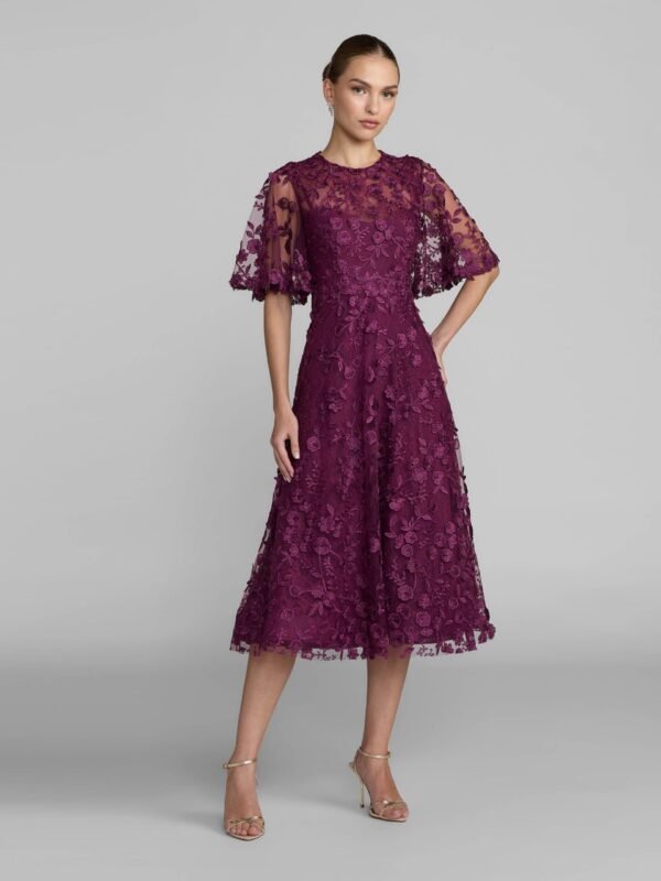 Petite Purple Flutter Sleeve Embroidered Midi Dress