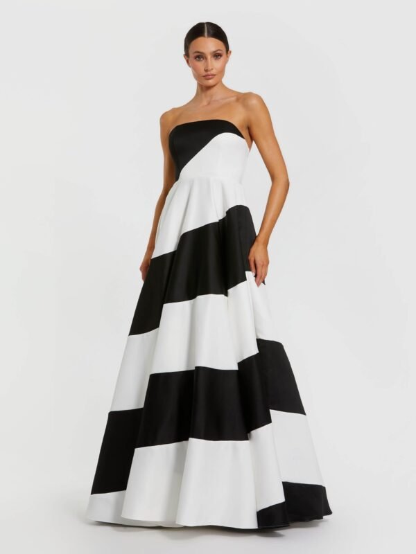 Petite Black and White Striped Satin Strapless Ball Gown