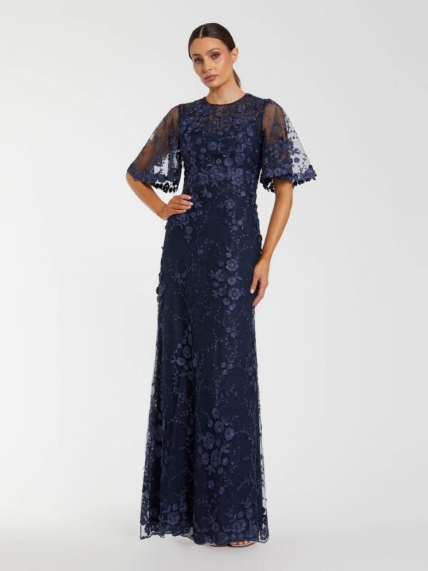 Petite Navy Flutter Sleeve Floral Embroidered Net Gown
