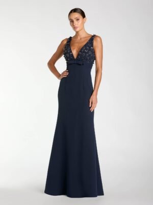 Petite Navy Sleeveless Embellished Crepe Gown With Bow
