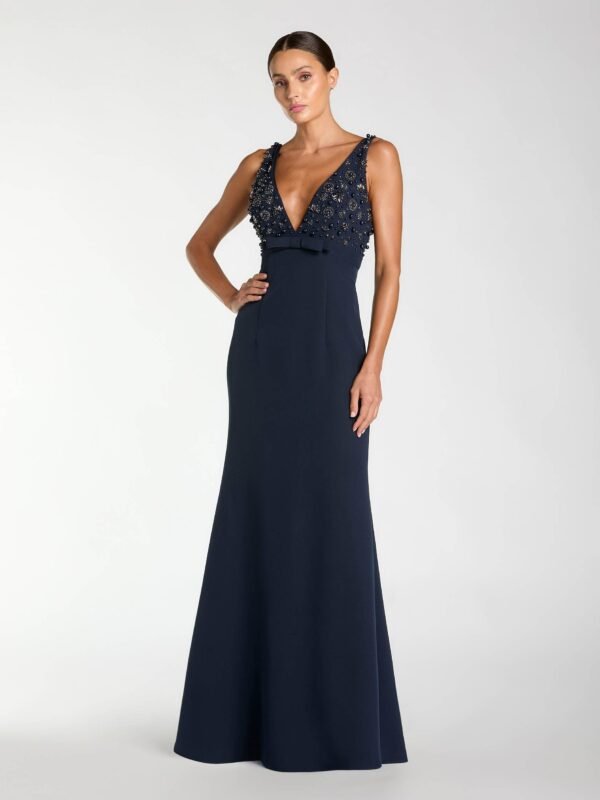 Petite Navy Sleeveless Embellished Crepe Gown With Bow