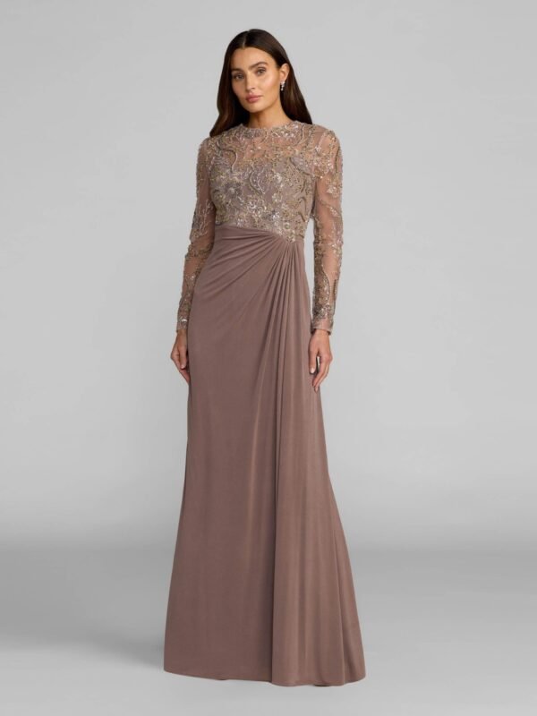 Petite Brown Embroidered Illusion Long Sleeve Draped Gown