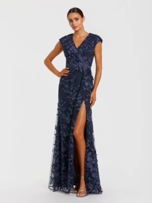 Petite Navy Faux Wrap Embroidered Cap Sleeve Gown