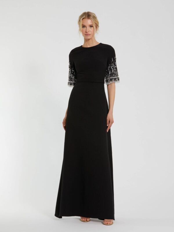 Petite Black Crepe A Line Gown With Beaded 3/4 Sleeves