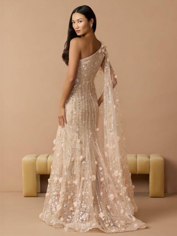 Petite Beige One Shoulder Embellished Gown With Cape Sleeve