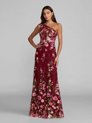Petite Red One Shoulder Floral Embroidered Gown