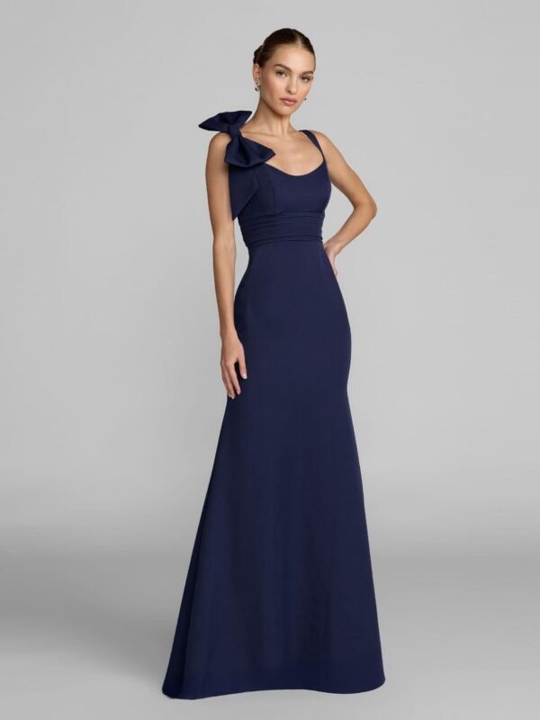 Petite Navy Scoop Neck Trumpet Gown with Bow
