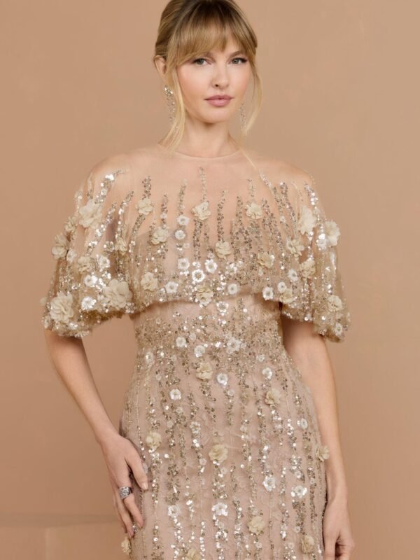 Petite Beige Embellished Cape Sleeve Mermaid Gown