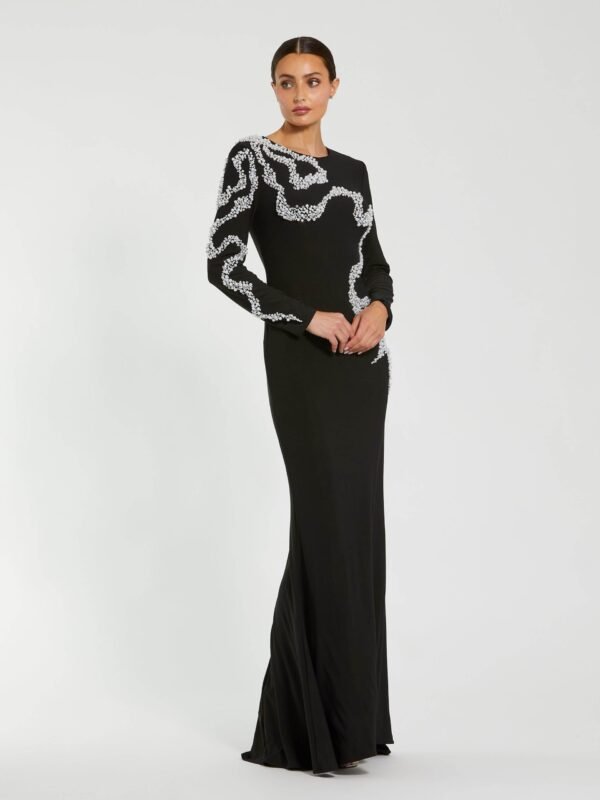 Petite Black Jersey Evening Gown With Beaded Swirl Detail